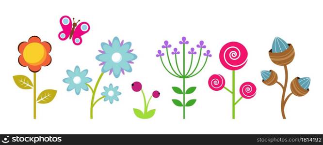 Flat flowers border. Colorful abstract floral elements, decorative children plants vector clipart. Flower blooming multicolor minimal, seasonal trendy bloom illustration. Flat flowers border. Colorful abstract floral elements, decorative children plants vector clipart
