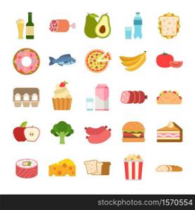 Flat food icons. Menu planning elements, fruits and vegetables, drinks, cheese and bread, milk and alcohol, meat, seafood unhealthy eating tasty snack vector flat cartoon isolated colored set. Flat food icons. Menu planning elements, fruits and vegetables, drinks, cheese and bread, milk and alcohol, meat, seafood unhealthy eating vector cartoon isolated colored set
