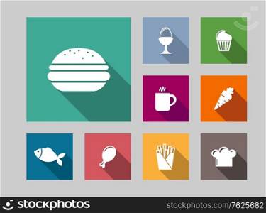 Flat food icons set with cake, egg, tea carrot fish roast chicken fries hamburger and cap