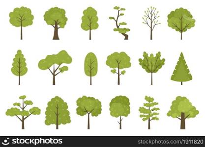 Flat forest trees icons, garden or park landscape elements. Cartoon simple summer tree trunk, leaves and branches. Nature trees vector set. Plants with foliage, organic botanical greenery. Flat forest trees icons, garden or park landscape elements. Cartoon simple summer tree trunk, leaves and branches. Nature trees vector set