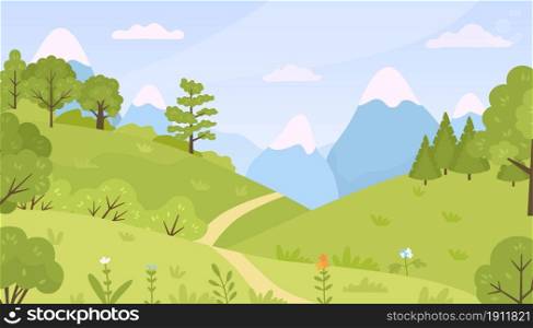 Flat forest with meadow, trees, bushes and mountains landscape. Cartoon spring green hills nature with flowers and plants vector background. Spring or summer time greenery with blue sky. Flat forest with meadow, trees, bushes and mountains landscape. Cartoon spring green hills nature with flowers and plants vector background