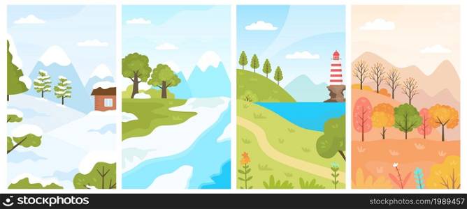Flat four seasons landscapes, spring, summer, autumn and winter. Cartoon seasonal nature. Forest scenes with trees for calendar vector set. Outdoor annual weather with greenery and snow. Flat four seasons landscapes, spring, summer, autumn and winter. Cartoon seasonal nature. Forest scenes with trees for calendar vector set