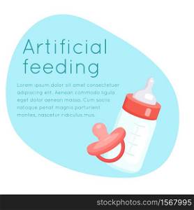 Flat frame with illustration of baby bottle with milk, pacifier and place for text. Artificial feeding of babies. Object is separate from background. Child cartoon illustration for cards, invitations. Flat frame with illustration of baby bottle with milk, pacifier and place for text. Artificial feeding of babies. Object is separate from background. Child cartoon illustration