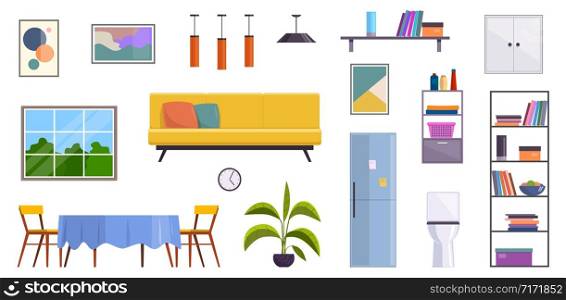 Flat furniture. Home living room interior elements. Window, lamp and plant, sofa and chair with table, bookcase and fridge, toilet bowl vector set. Flat furniture. Home room interior elements. Window, lamp and plant, sofa and chair with table, bookcase and fridge, toilet bowl vector set