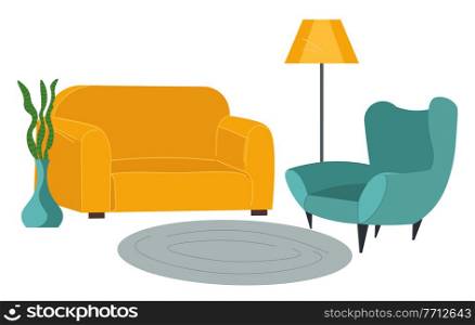 Flat furniture image. Yellow cozy sofa, gray-green comfortable chair, oval rug on floor, floor lamp, vase with houseplant. Interior of the living room. Cozy home, stay home. Furniture set. Flat image. Home cozy living room interior, sofa, armchair, carpet, floor lamp. Stay at home. Flat image