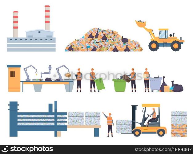 Flat garbage recycle factory building, dump and sorting conveyor. Plastic recycling industry workers. Ecology protection process vector set. Litter or rubbish reusing and recycling,. Flat garbage recycle factory building, dump and sorting conveyor. Plastic recycling industry workers. Ecology protection process vector set