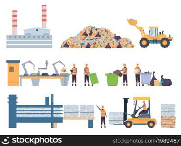 Flat garbage recycle factory building, dump and sorting conveyor. Plastic recycling industry workers. Ecology protection process vector set. Litter or rubbish reusing and recycling,. Flat garbage recycle factory building, dump and sorting conveyor. Plastic recycling industry workers. Ecology protection process vector set