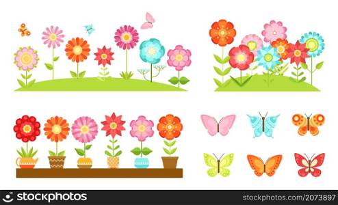 Flat garden flower borders. Wild flowers, blooming plants in pots. Colorful butterflies, spring summer time decorative elements vector set. Illustration blossom flora, plant leaf colorful. Flat garden flower borders. Wild flowers, blooming plants in pots. Colorful butterflies, spring summer time decorative elements vector set