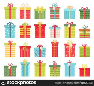 Flat gift boxes with ribbon bows, presents for birthday or christmas. Cartoon package wrapping designs. Winter holiday decoration vector set. Surprise for event celebration isolated