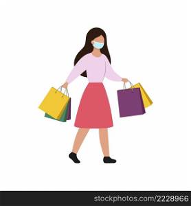 Flat girl in a simple style comes with packages from the store. A woman in a medical mask with shopping. Promotion, sale, best offer.