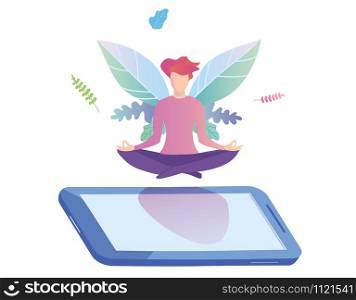 Flat girl in headphones on smartphone and meditating in lotus pose. Vector illustration. Social media concept