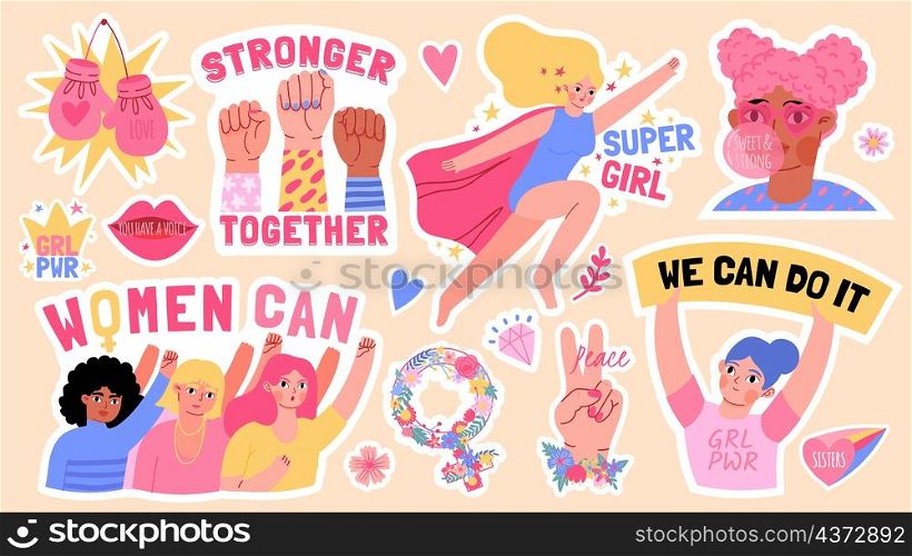 Flat girls power stickers with fists up and feminism slogans. Strong black women rights. Super girl. Feminist movement symbols vector set. Illustration of feminism sticker, feminist quote power. Flat girls power stickers with fists up and feminism slogans. Strong black women rights. Super girl. Feminist movement symbols vector set