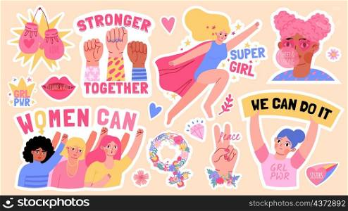 Flat girls power stickers with fists up and feminism slogans. Strong black women rights. Super girl. Feminist movement symbols vector set. Illustration of feminism sticker, feminist quote power. Flat girls power stickers with fists up and feminism slogans. Strong black women rights. Super girl. Feminist movement symbols vector set