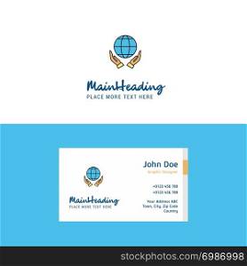 Flat Globe in hands Logo and Visiting Card Template. Busienss Concept Logo Design