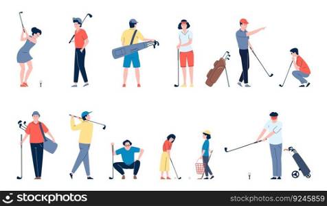 Flat golf players characters with bags. Golf club ch&ion person, golfing players kids and adults. Sport time and training, recent vector set of golf leisure illustration. Flat golf players characters with bags. Golf club ch&ion person, golfing players kids and adults. Sport time and training, recent vector set