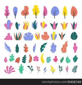 Flat gradation tree leaves, minimal nature. Simple leaf and grass drawing, fantasy graphic elements, different bright colors. Isolated objects abstract forest or garden. Vector design background. Flat gradation tree leaves, minimal nature. Simple leaf and grass drawing, fantasy graphic elements, different bright colors. Isolated abstract forest or garden. Vector design background