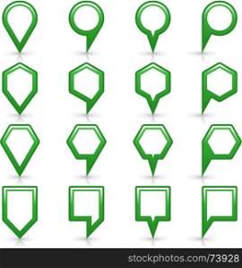 Flat green color map pin sign location icon. Flat green color map pin sign location icon with gray shadow and reflection isolated on white background. Web design element save in vector illustration 8 eps