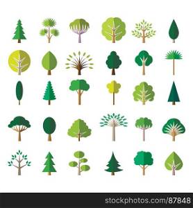 Flat green tree icons. Flat tree icons. Pine and palm, oak and ash vector illustration