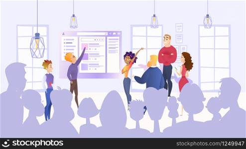 Flat Group Employees Will Jointly Present Project. Vector Illustration General Company Meeting. Guy and Girl are Working Together on Project. Group People and Management Firm are Listening to Speaker