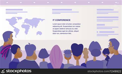 Flat Group People Waiting for Start IT Conference. Banner Vector Illustration Man and Woman Came to Presentation New Product Business Company. Information Displayed on Screen. Stage for Event Speaker