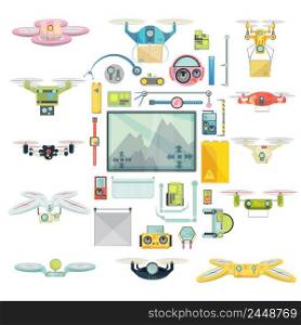 Flat group set of using various flying radio controlled drones for different purposes isolated on white background vector illustration. Using Drones Group Set