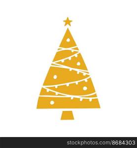 Flat hand drawn christmas tree gold silhouette illustration. Vector stylized pine isolated on white background