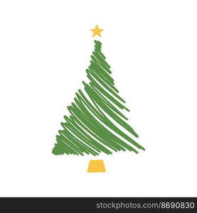 Flat hand drawn christmas tree illustration. Stylized pine isolated on white background