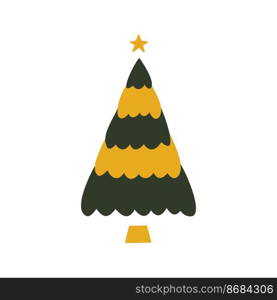 Flat hand drawn christmas tree illustration. Vector green and yellow pine isolated on white background