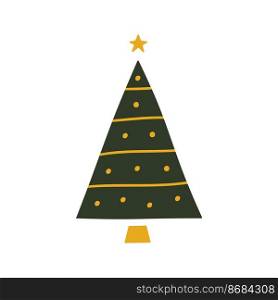 Flat hand drawn christmas tree illustration. Vector green and yellow pine isolated on white background