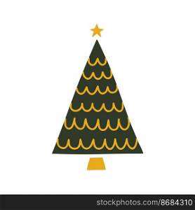 Flat hand drawn christmas tree illustration. Vector green and yellow pine isolated on white background