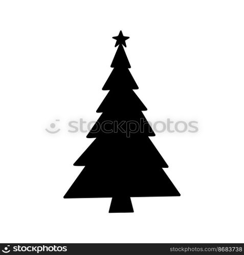 Flat hand drawn christmas tree silhouette illustration. Stylized vector pine isolated on white background