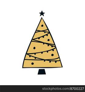 Flat hand drawn christmas tree vector illustration. Gold and black pine isolated on white background