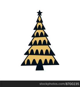 Flat hand drawn christmas tree vector illustration. Gold and black pine isolated on white background
