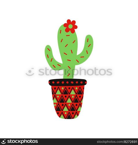 Flat hand drawn vector illustration of a mexican potted cactus with flower