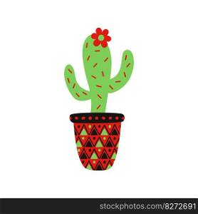 Flat hand drawn vector illustration of a mexican potted cactus with flower