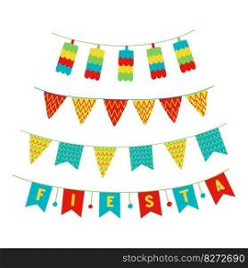 Flat hand drawn vector illustration of eco friendly home decorations such as garland, bunting and mini pinatas