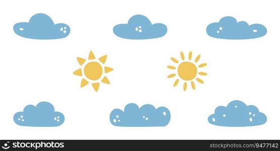 Flat hand drawn vector illustrations of clouds and suns