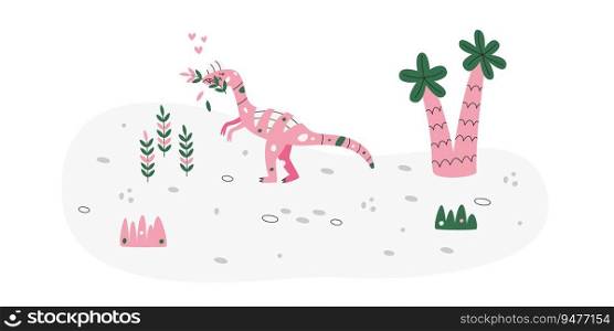 Flat hand drawn vector scene with dinosaur palm flowers and grass