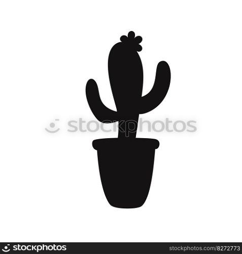 Flat hand drawn vector silhouette illustration of a mexican potted cactus with flower