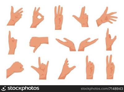 Flat hands. Cartoon human male hands showing thumbs up, pointing and greeting. Vector isolated collection of arms gestures, drawing in various poses, for presentation on white background. Flat hands. Cartoon human hands showing thumbs up, pointing and greeting. Vector isolated collection of arms gestures for presentation