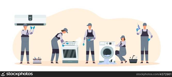 Flat handyman masters group repair broken electrical appliances. People fix home air conditioner, owen and washing machine, vector concept. Fixing and repair by worker. Flat handyman masters group repair broken electrical appliances. People fix home air conditioner, owen and washing machine, vector concept