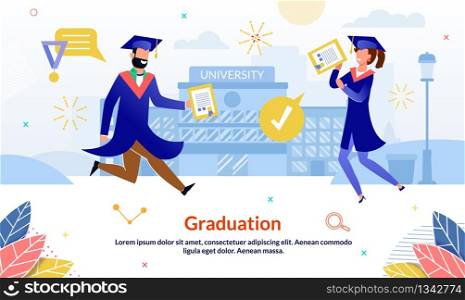 Flat Happy Event Graduation at University, Slide. Guy and Girl Enthusiastically Jumping with Diplomas in their Hands. Students Rejoicing at end their Studies at University, Cartoon.