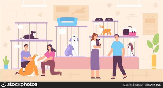 Flat happy people adopting homeless dogs from shelter. Pet shop or adoption center interior with cell cages, dogs and owners vector concept. Volunteers helping and taking care of puppies. Flat happy people adopting homeless dogs from shelter. Pet shop or adoption center interior with cell cages, dogs and owners vector concept