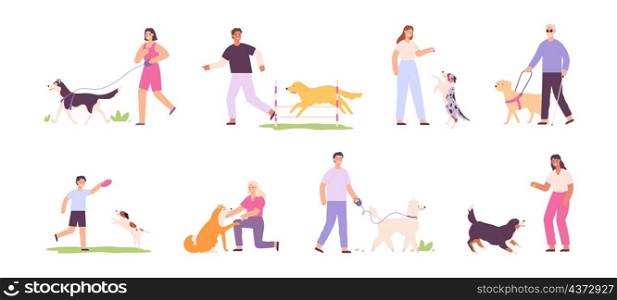 Flat happy people walking, training and playing with dogs. Blind person with guide dog. Men and women and domestic dogs activity vector set. Illustration of dog training owner character. Flat happy people walking, training and playing with dogs. Blind person with guide dog. Men and women and domestic dogs activity vector set
