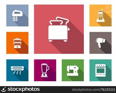 Flat home appliances icons set with hand blender, gas stove, heater, mixer, sewing machine, oven, hairdryer, telephone and toaster. Set of home appliances icons