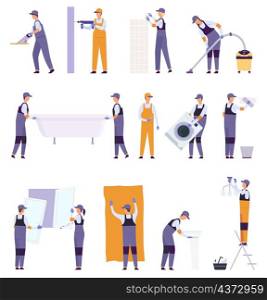 Flat home repair service workers, plumber and handyman. People in uniform renovate apartment. Painter, electrician and carpenter vector set. Illustration of worker repair service. Flat home repair service workers, plumber and handyman. People in uniform renovate apartment. Painter, electrician and carpenter vector set