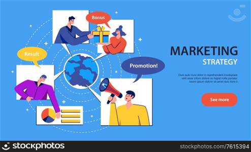Flat horizontal banner with marketing strategy stages and human characters vector illustration