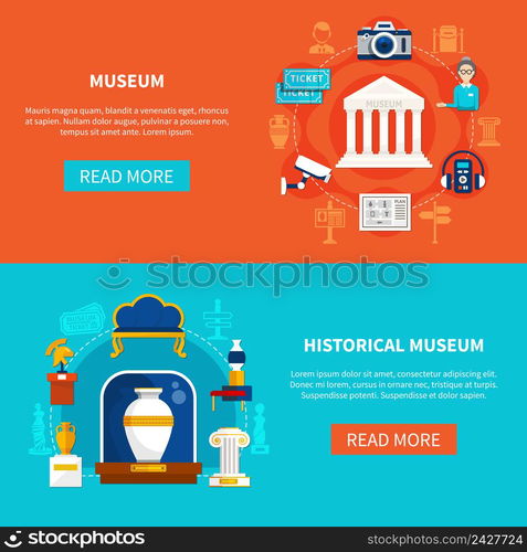 Flat horizontal banners on museum theme with historical artifacts guide accessories and exhibition equipment vector illustration . Museum Flat Horizontal Banners