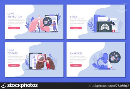 Flat horizontal banners set with lung inspection and analysis process isolated vector illustration
