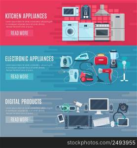 Flat horizontal household banners set of kitchen equipment electronic appliances and digital products vector illustration . Horizontal Household banners